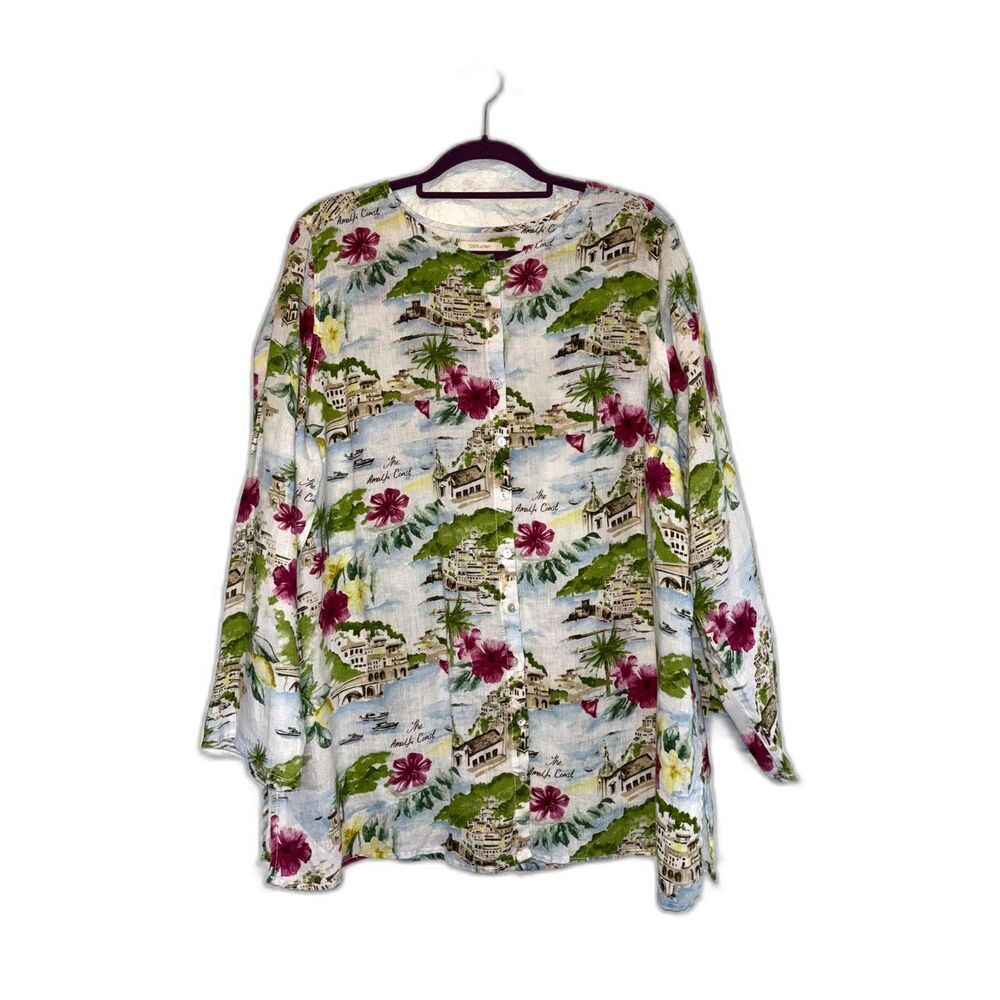 Amalfi Coast Print 100% Linen Blouse Italy Scenic Button Front Top Lagenlook 2X